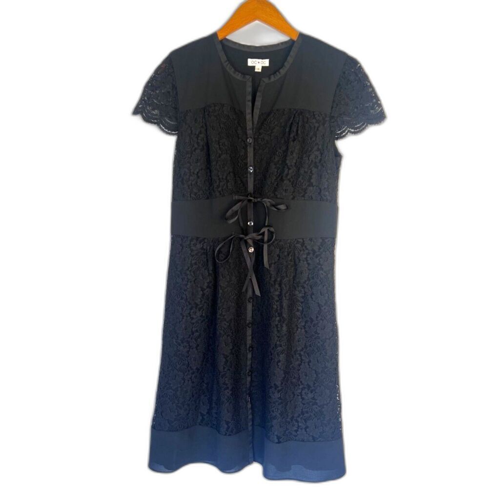 OC by OC Black Lace Button Front Satin Panel‎ & Ribbon Ties Detail 8